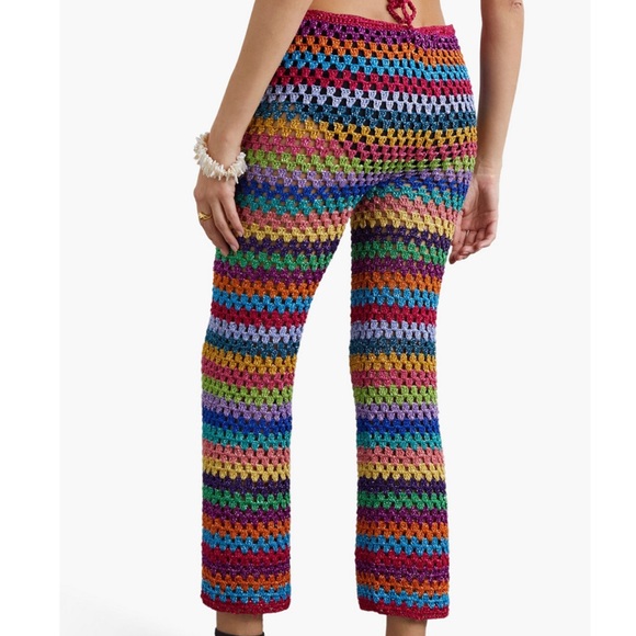 New ROSE CARMINE Metallic Striped Crochet-knit Slim-leg Pants In Pink Size 1 - Picture 2 of 4